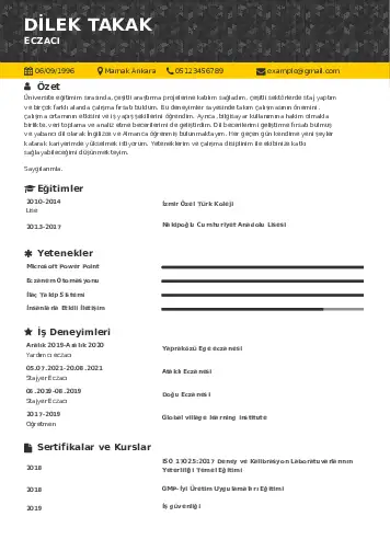 Eczacı CV Örnekleri cv indir